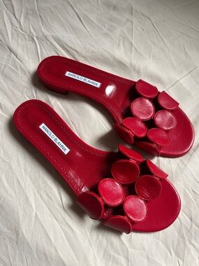 Manolo Blahnik Red Leather Slide Mules with Circular Appliqués size 40